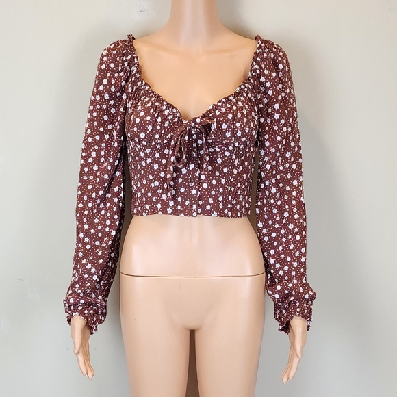 L.A Hearts Pacsun Brown Floral Long Sleeve Crop Top - Picture 3 of 13